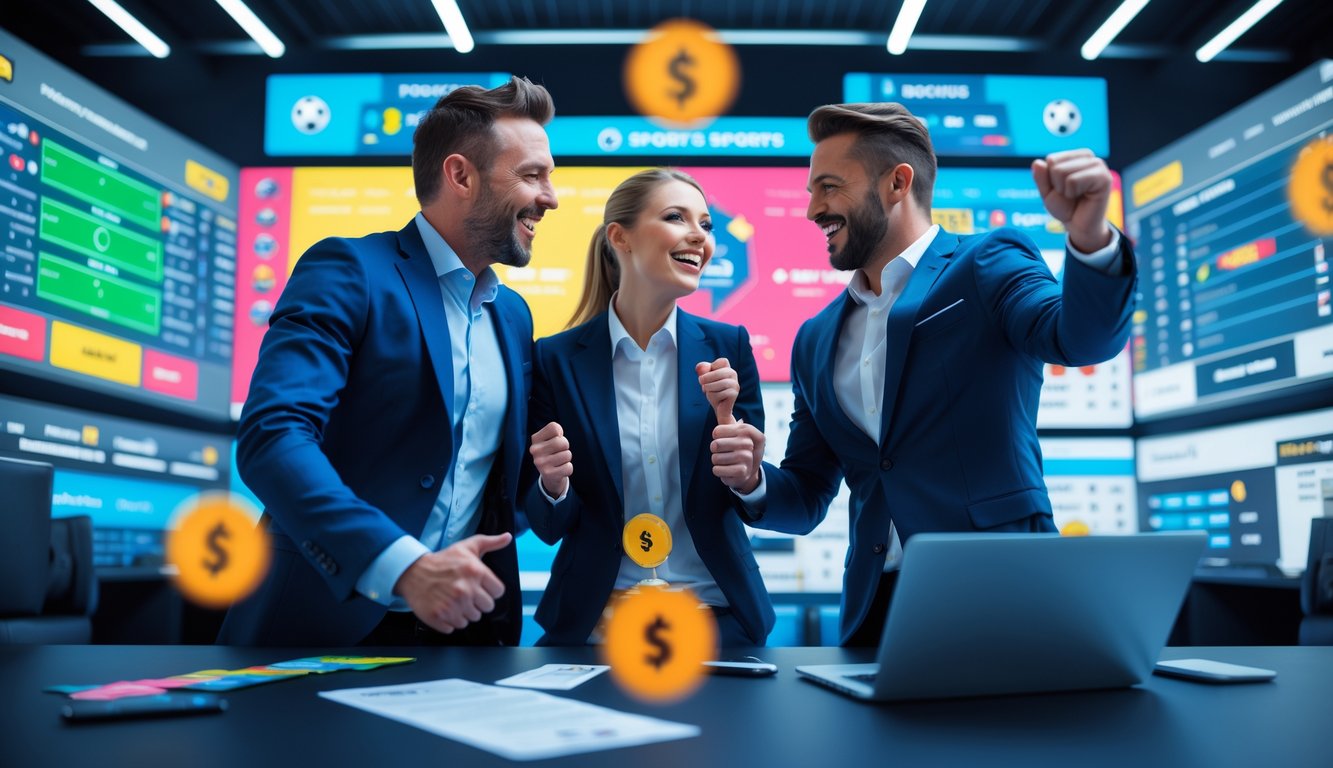 Dua orang berdiskusi dengan antusias di lingkungan taruhan olahraga modern dengan layar digital menampilkan pertandingan sepak bola dan grafik promosi bonus.