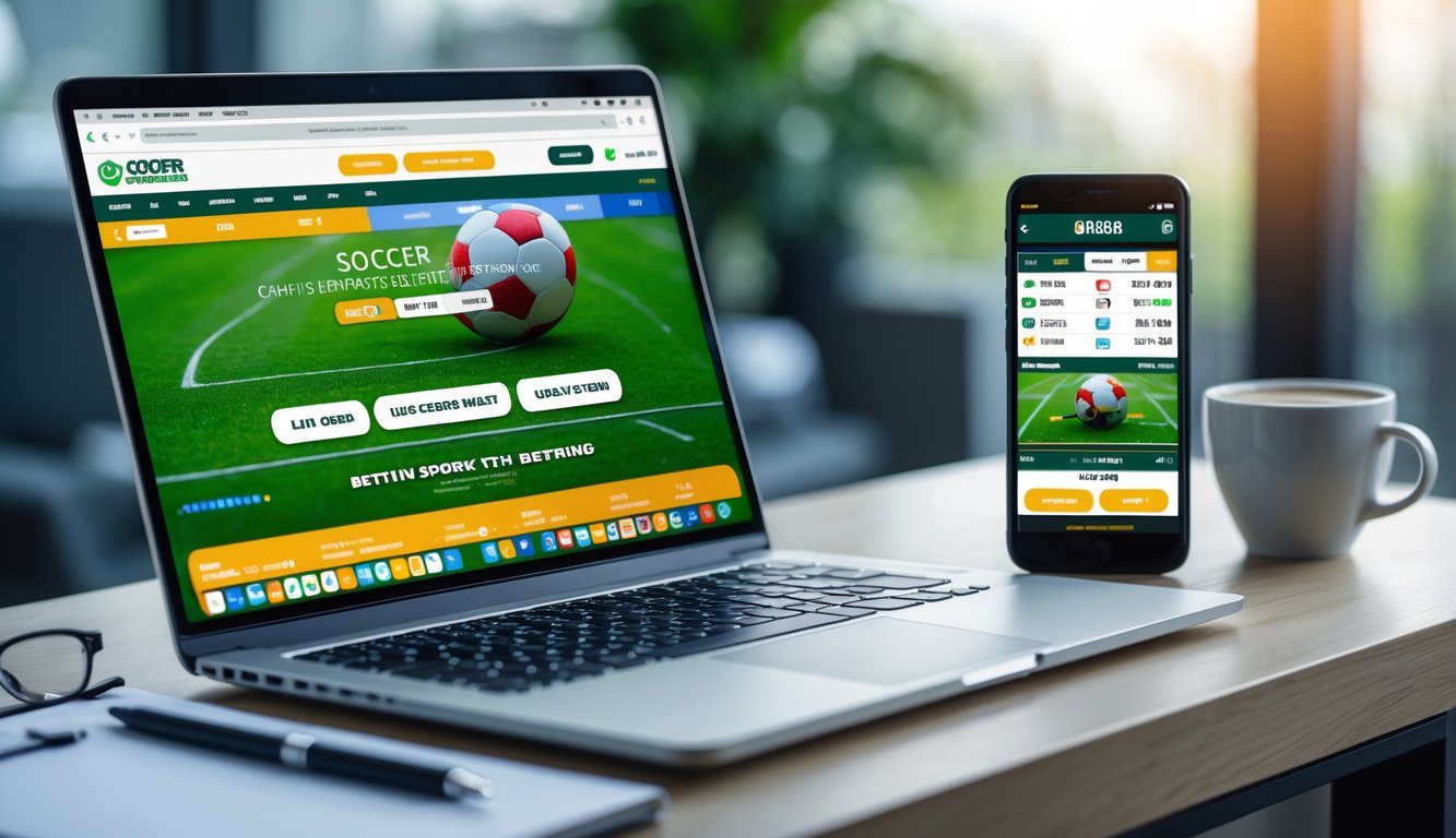 Seorang pengguna melihat layar laptop dan ponsel yang menampilkan situs taruhan sepak bola dengan suasana kerja yang nyaman.