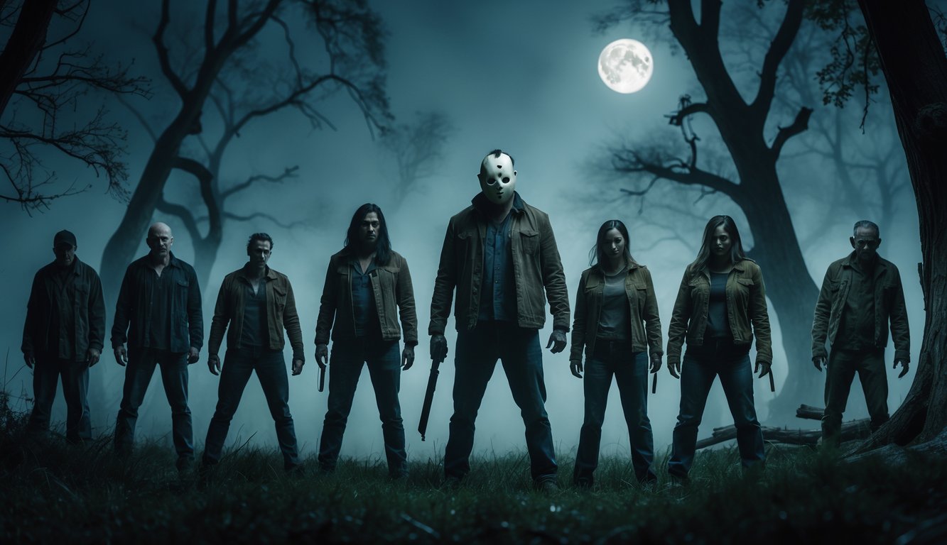 Sekelompok karakter dari Dead by Daylight berdiri di hutan gelap dengan kabut dan cahaya bulan yang samar.