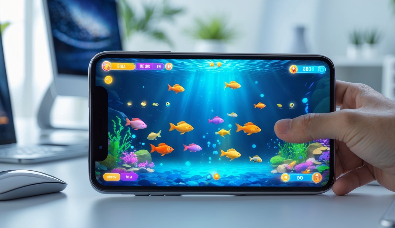 Seseorang memegang ponsel yang menampilkan permainan menembak ikan dengan latar bawah laut berwarna biru dan ikan warna-warni yang berenang.
