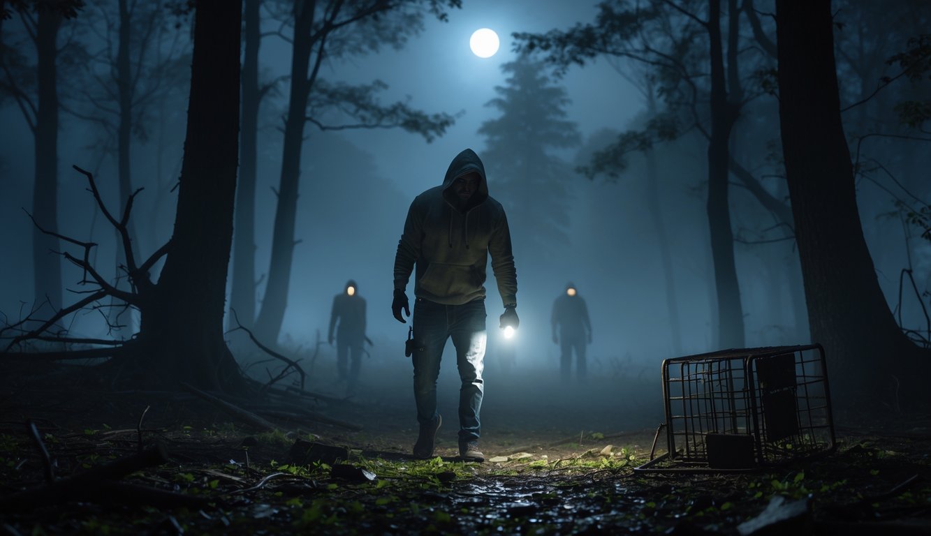 Seorang figur berdiri di hutan gelap dan berkabut dengan senter, dikelilingi oleh pohon-pohon tinggi dan bayangan samar dari makhluk mengintai.