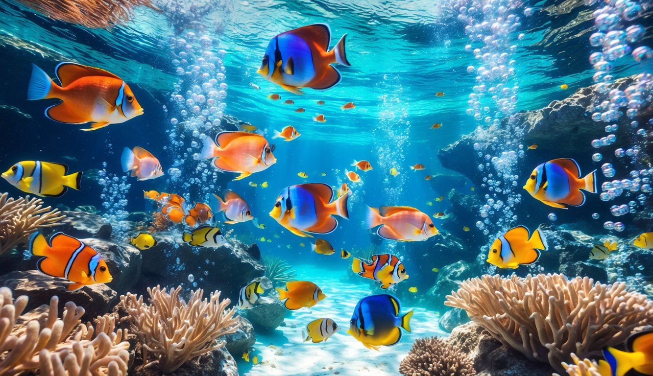 Pemandangan bawah laut yang penuh warna dengan berbagai ikan tropis berenang di sekitar terumbu karang.