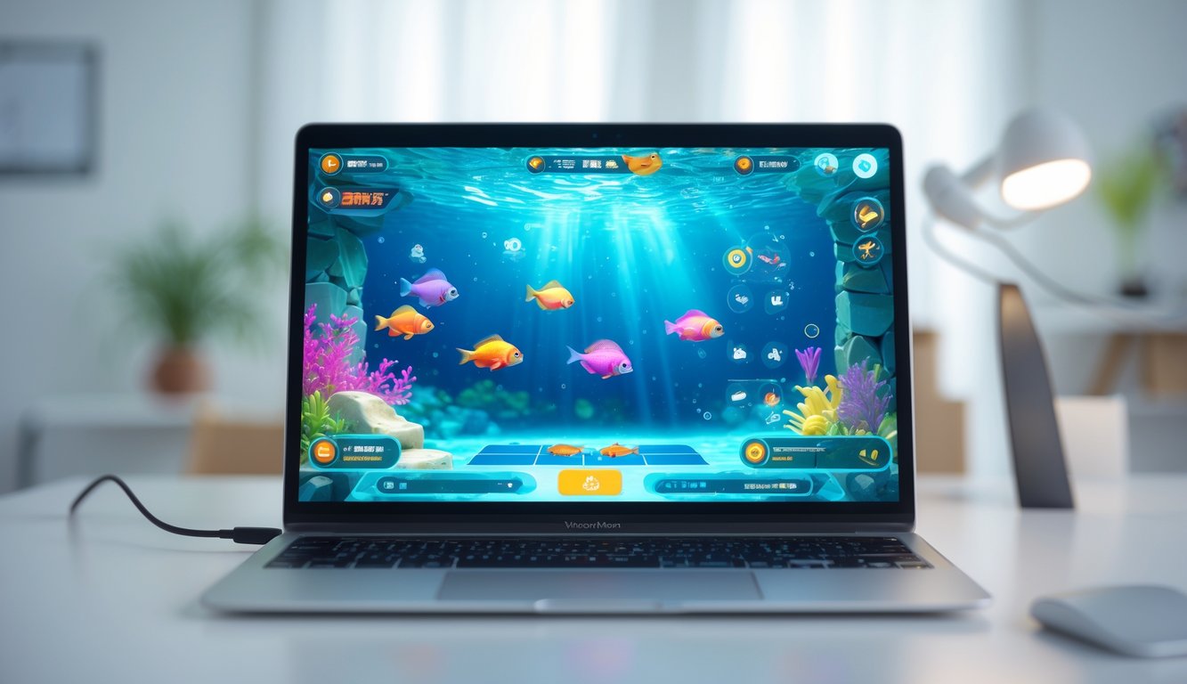 Sebuah perangkat digital menampilkan permainan menembak ikan dengan latar belakang bawah laut yang berwarna-warni di ruang kerja yang rapi dan terang.