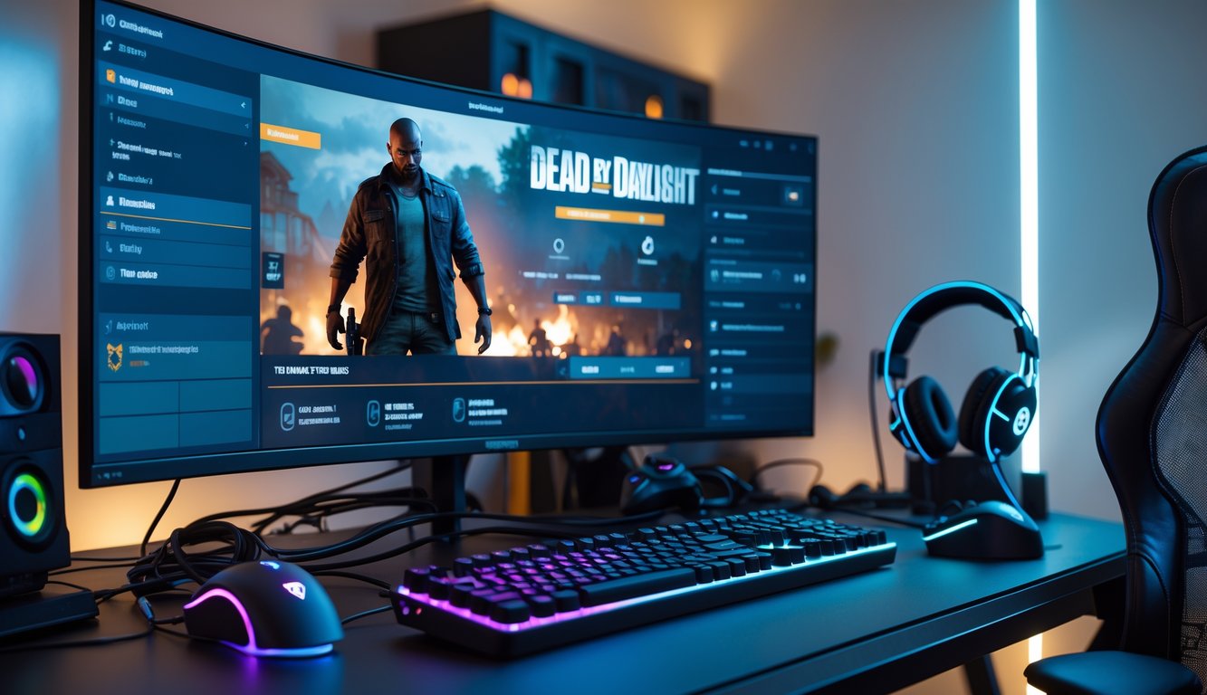 Sebuah meja gaming dengan monitor menampilkan permainan Dead by Daylight dan perangkat gaming di sekitarnya.