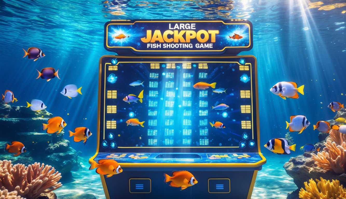 Pemandangan bawah laut dengan ikan berwarna-warni berenang di sekitar layar permainan ikan jackpot besar.