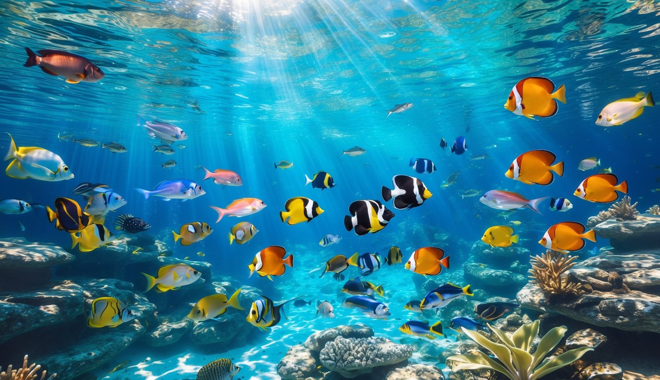 Pemandangan bawah laut yang penuh dengan berbagai ikan berwarna-warni berenang di air jernih dengan terumbu karang dan tanaman air.