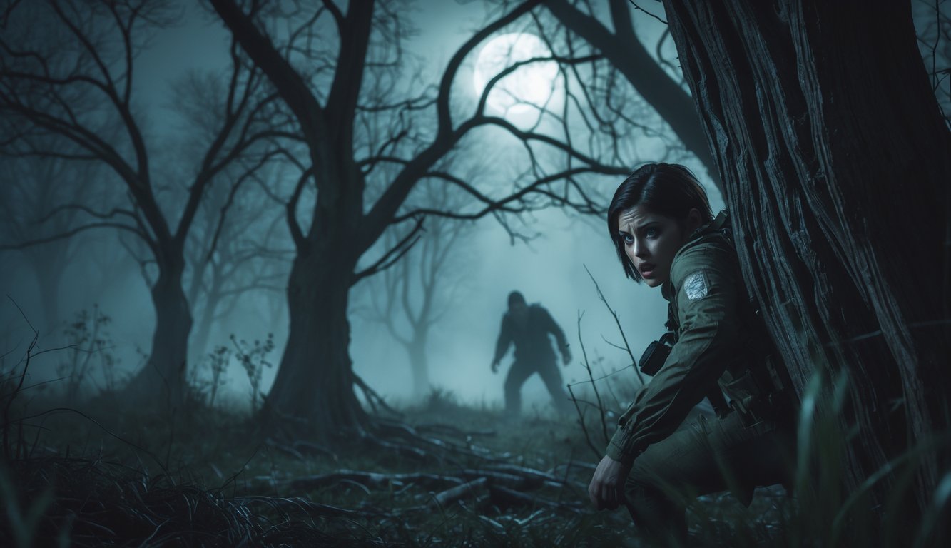 Seorang korban bersembunyi di hutan gelap dengan bayangan pembunuh yang mengintai di kejauhan.