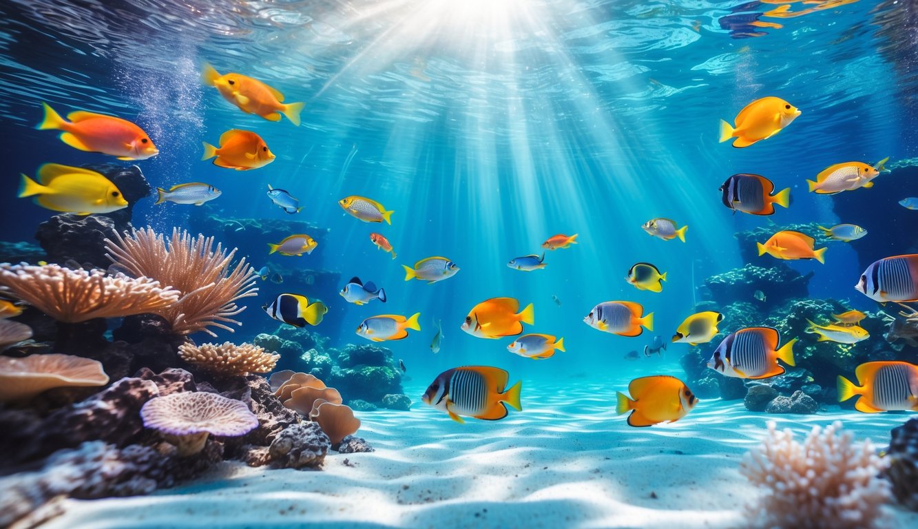 Pemandangan bawah laut dengan berbagai ikan tropis berwarna-warni berenang di antara terumbu karang dan tanaman air.