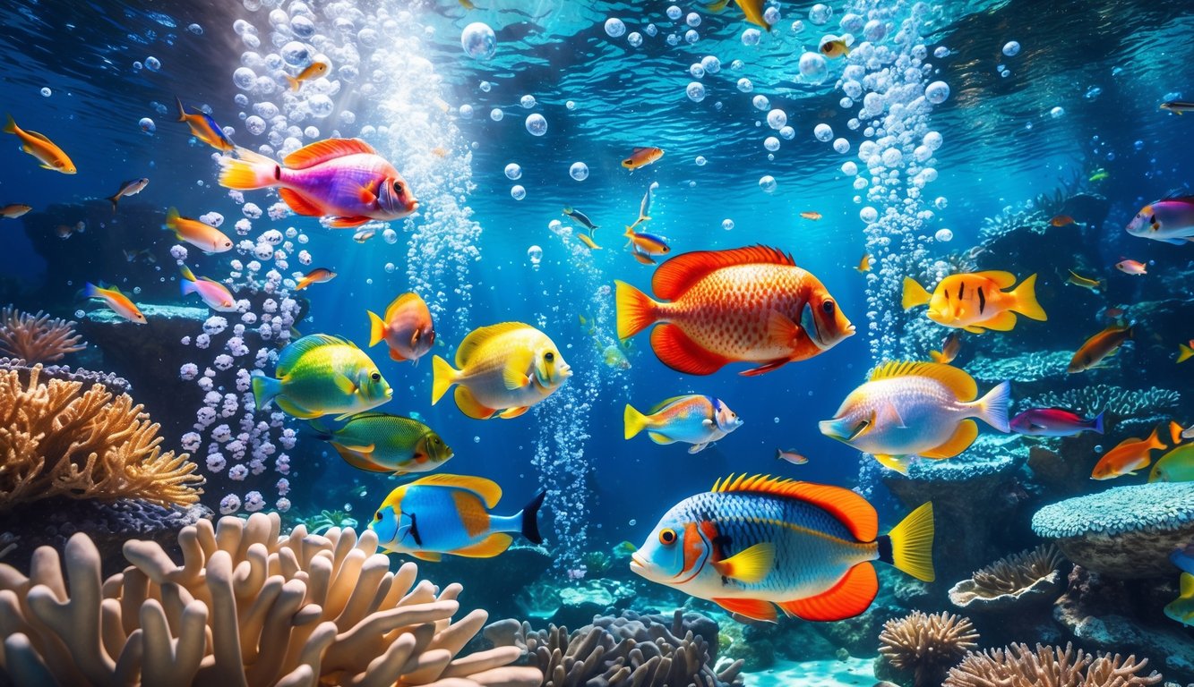 Pemandangan bawah laut dengan berbagai ikan tropis berwarna-warni berenang di antara terumbu karang.