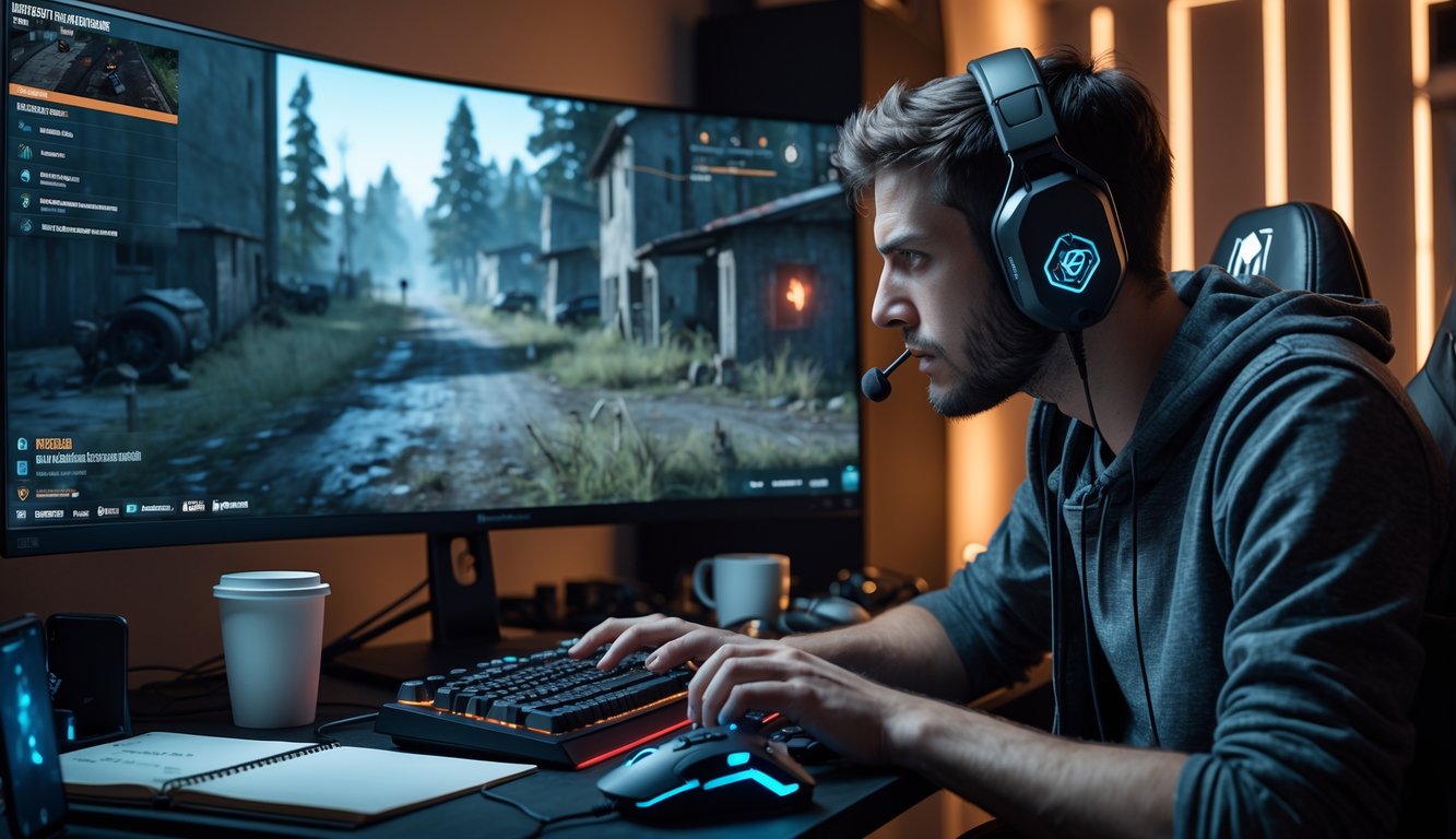 Seorang pemain game duduk di depan komputer dengan layar besar menampilkan peta permainan, fokus dalam sesi strategi Dead by Daylight.