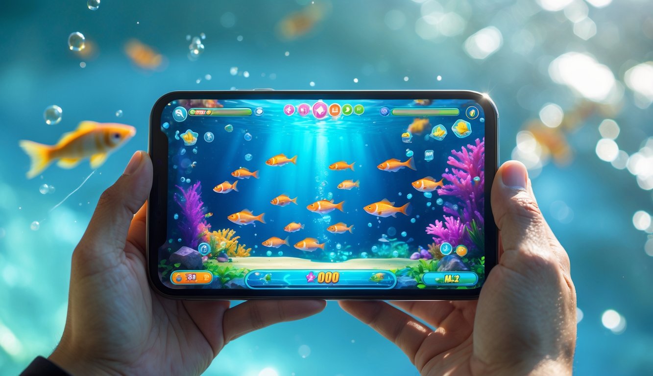 Seseorang memegang ponsel Android yang menampilkan permainan menembak ikan dengan latar bawah laut yang penuh warna.