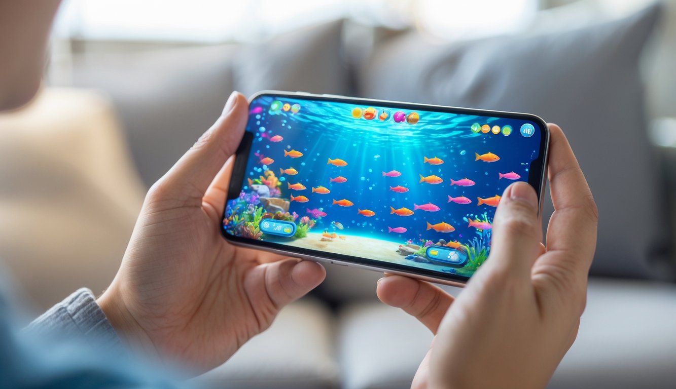 Seseorang memegang ponsel yang menampilkan permainan menembak ikan dengan grafis bawah laut yang berwarna-warni.