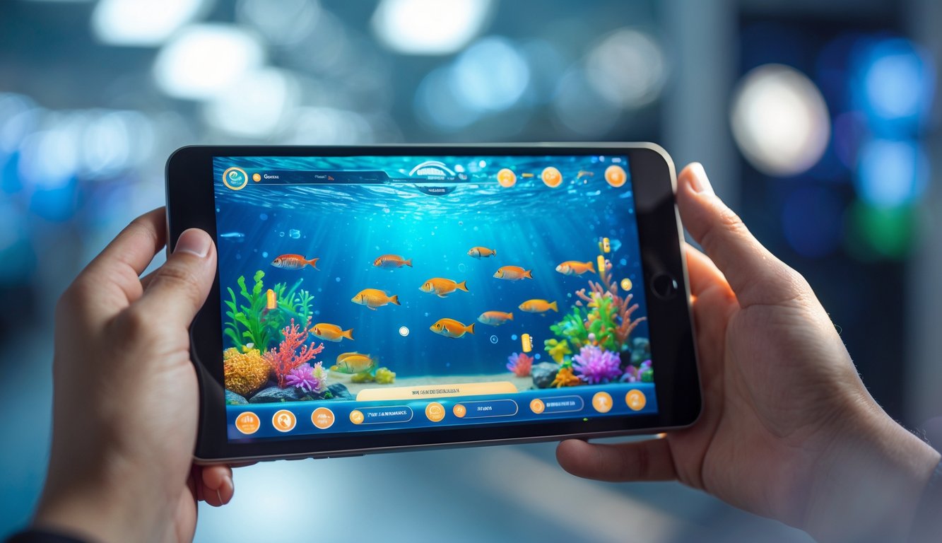 Seseorang memegang perangkat layar sentuh dengan gambar ikan berwarna-warni di layar, menunjukkan permainan tembak ikan online yang aman dan resmi.