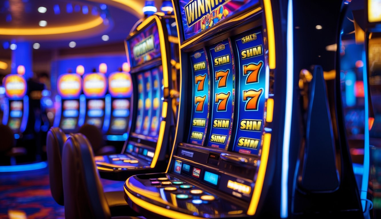 Area mesin slot di kasino yang terang dengan lampu warna-warni dan mesin slot yang menunjukkan kombinasi kemenangan.