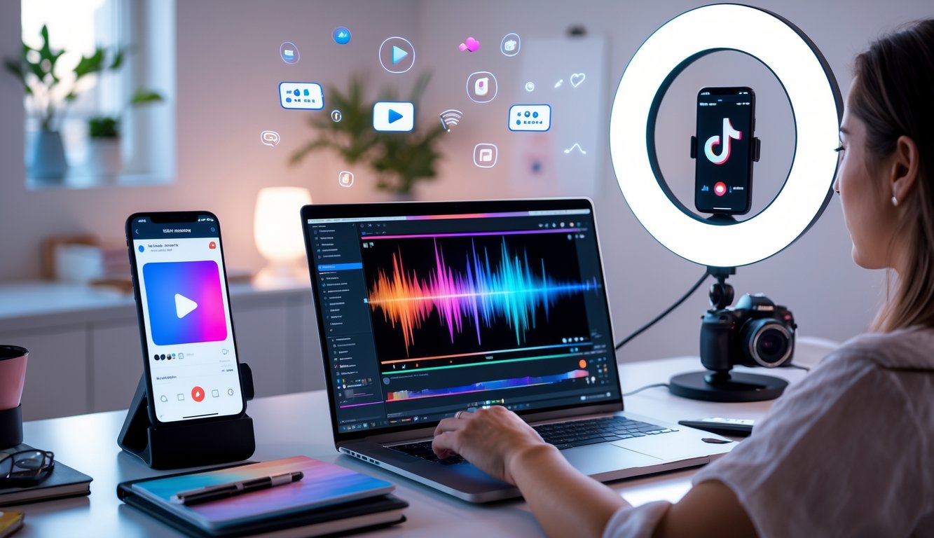 Seorang wanita muda sedang bekerja di meja dengan laptop dan ponsel, dikelilingi alat kreatif di ruangan yang terang dan rapi.