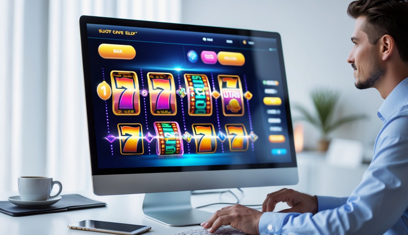 Seseorang sedang menggunakan komputer dengan tampilan permainan slot di layar dalam suasana kerja yang rapi dan profesional.
