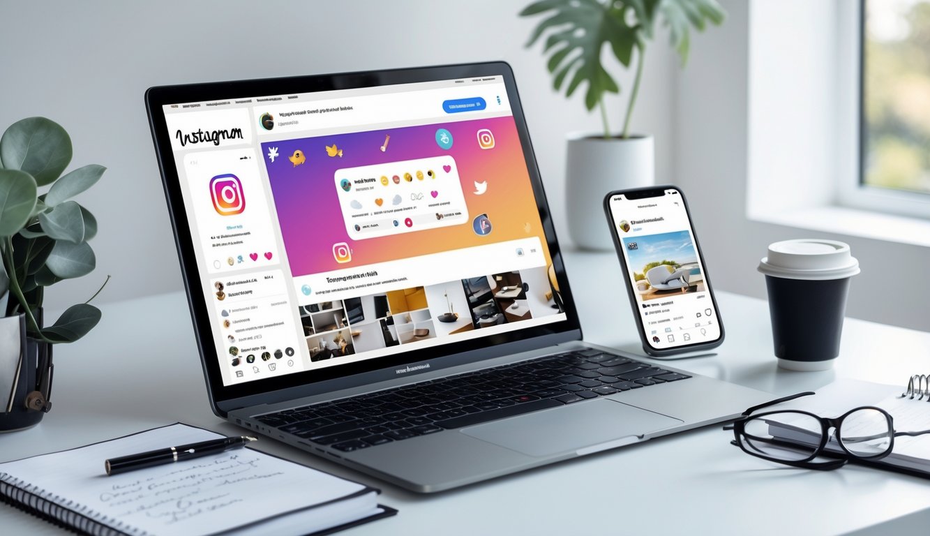 Meja kerja modern dengan laptop dan ponsel yang menampilkan konten Instagram viral, bersama dengan buku catatan, cangkir kopi, dan kacamata.