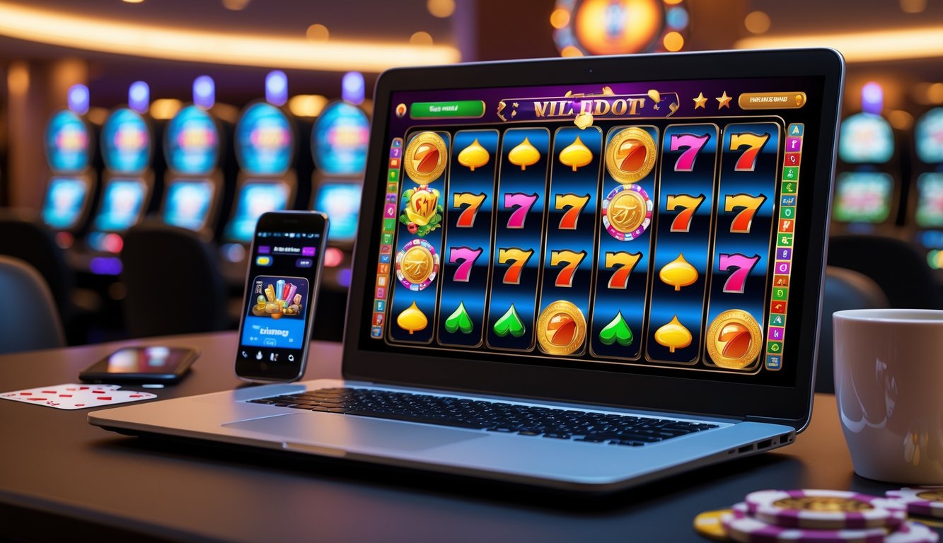 Seseorang menggunakan laptop dengan tampilan permainan slot online berwarna-warni di meja dengan aksesori permainan dan suasana kasino yang hangat.