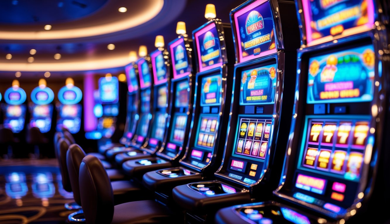 Deretan mesin slot modern yang menyala di dalam ruangan kasino yang terang dan bersih.
