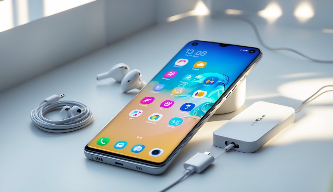 Foto ponsel modern yang terletak di atas permukaan putih dengan aksesori teknologi di sekitarnya.