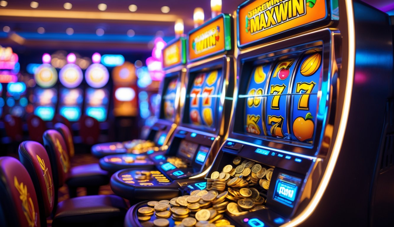 Mesin slot modern yang menyala dengan koin dan token yang keluar, menunjukkan suasana kemenangan di kasino.