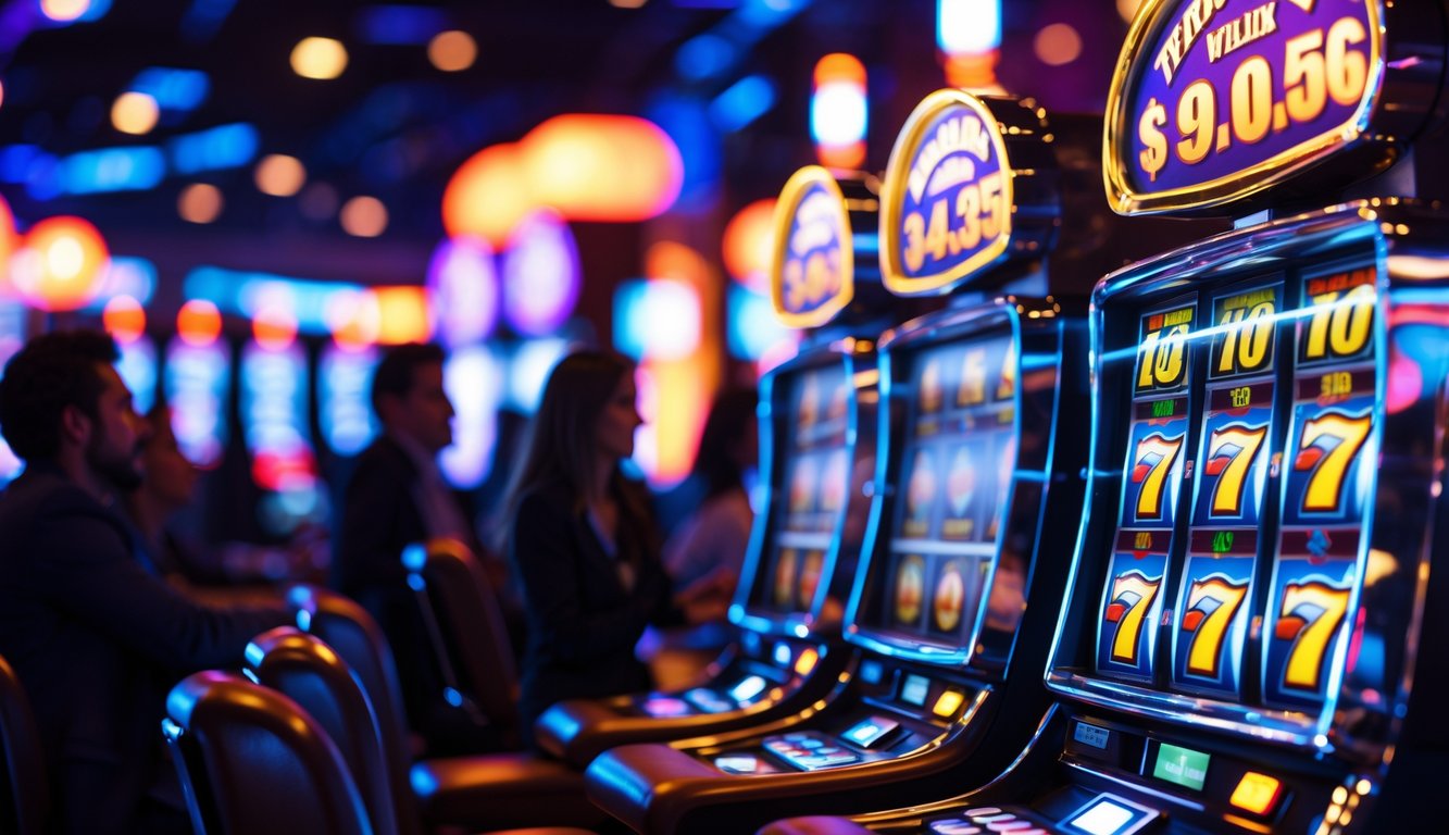 Mesin slot modern yang menyala dengan lampu warna-warni di dalam kasino pada malam hari.