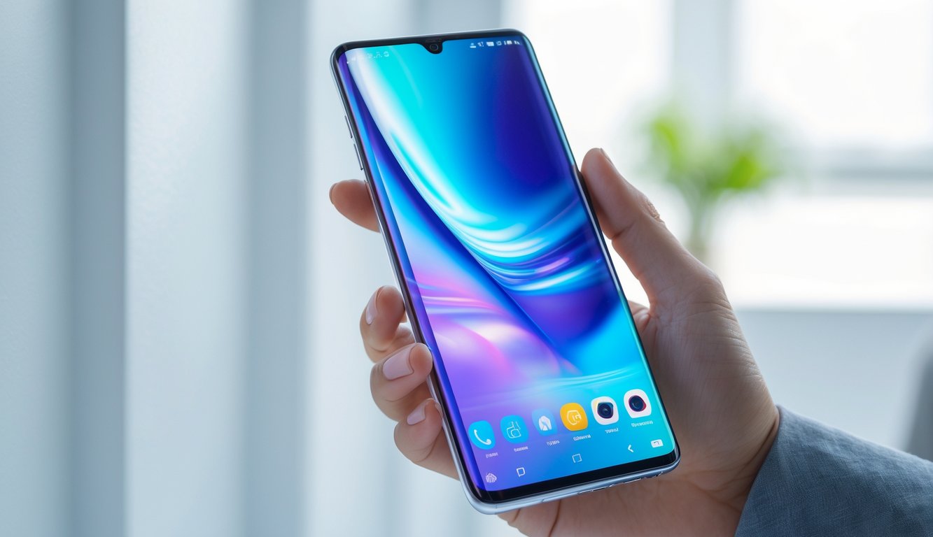 Sebuah smartphone modern dipegang oleh tangan dengan layar yang tajam dan warna cerah di latar belakang minimalis.