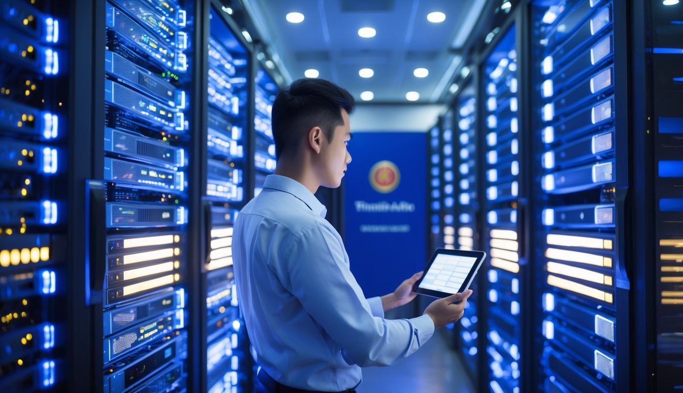Seorang teknisi IT memantau rak server modern di ruang server yang terang dan bersih di Thailand.