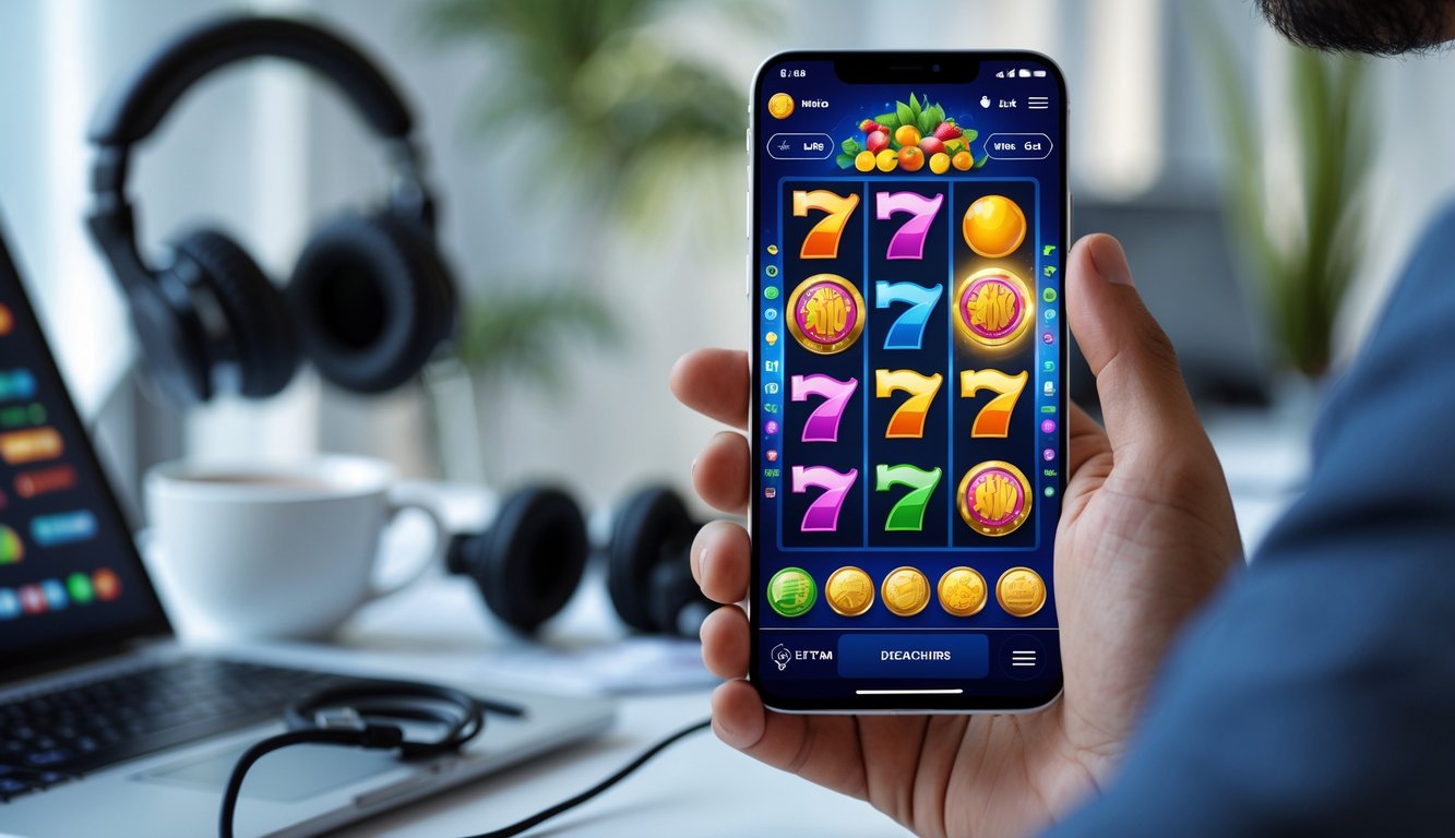 Seseorang memegang ponsel dengan tampilan permainan mesin slot yang berwarna-warni di layar, dengan latar belakang meja kerja modern dan peralatan teknologi.