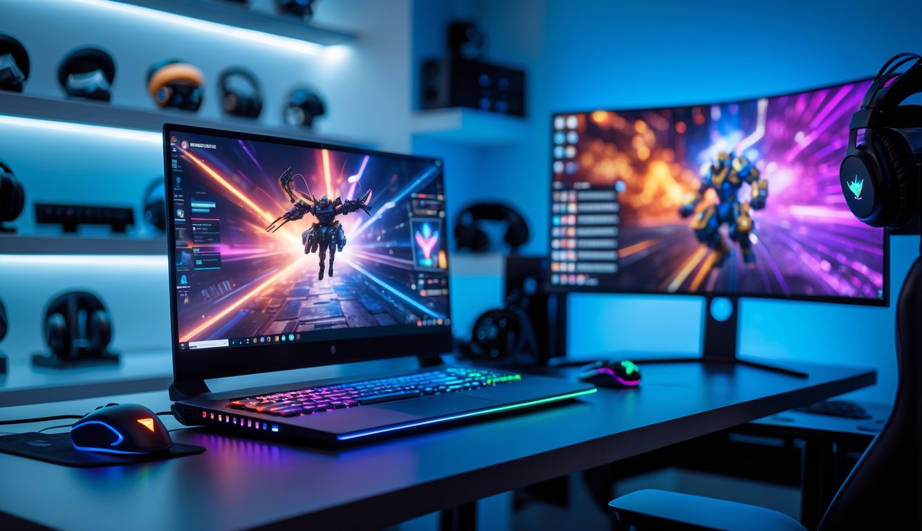 Sebuah setup gaming modern dengan laptop dan aksesori gaming di ruangan yang terang dan rapi.