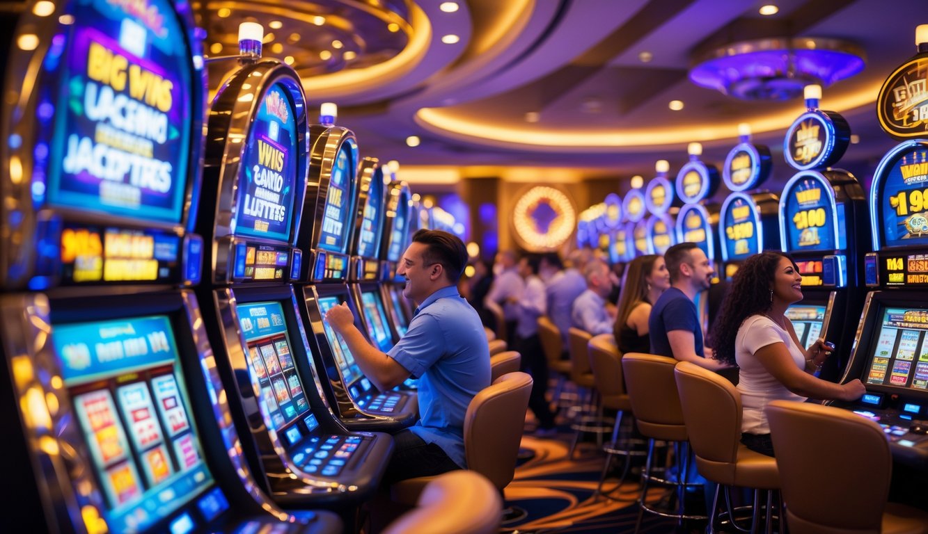 Suasana kasino dengan mesin slot berwarna-warni dan pemain yang tampak antusias bermain slot.