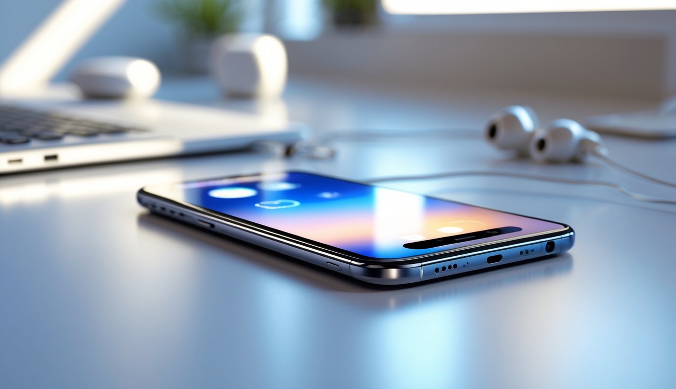 Sebuah smartphone modern di atas meja dengan layar menampilkan antarmuka kamera yang jelas.