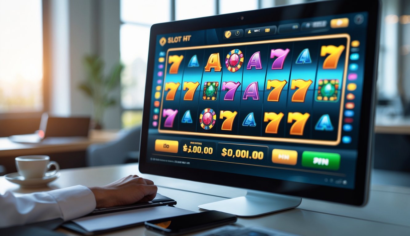 Tampilan layar komputer dengan permainan mesin slot warna-warni di lingkungan kantor modern.