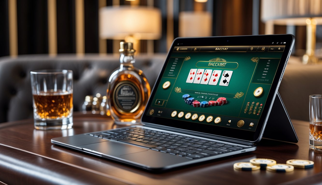 Sebuah laptop menampilkan permainan baccarat online dengan kartu dan chip di layar, diletakkan di atas meja kayu dengan gelas minuman dan jam tangan di sampingnya.
