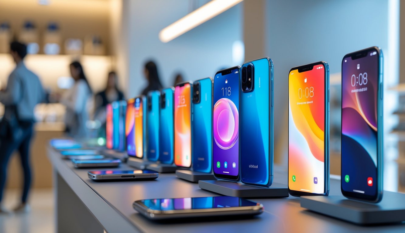 Beberapa ponsel terbaru dipajang di atas meja dalam toko teknologi modern dengan latar belakang pelanggan yang sedang melihat-lihat.
