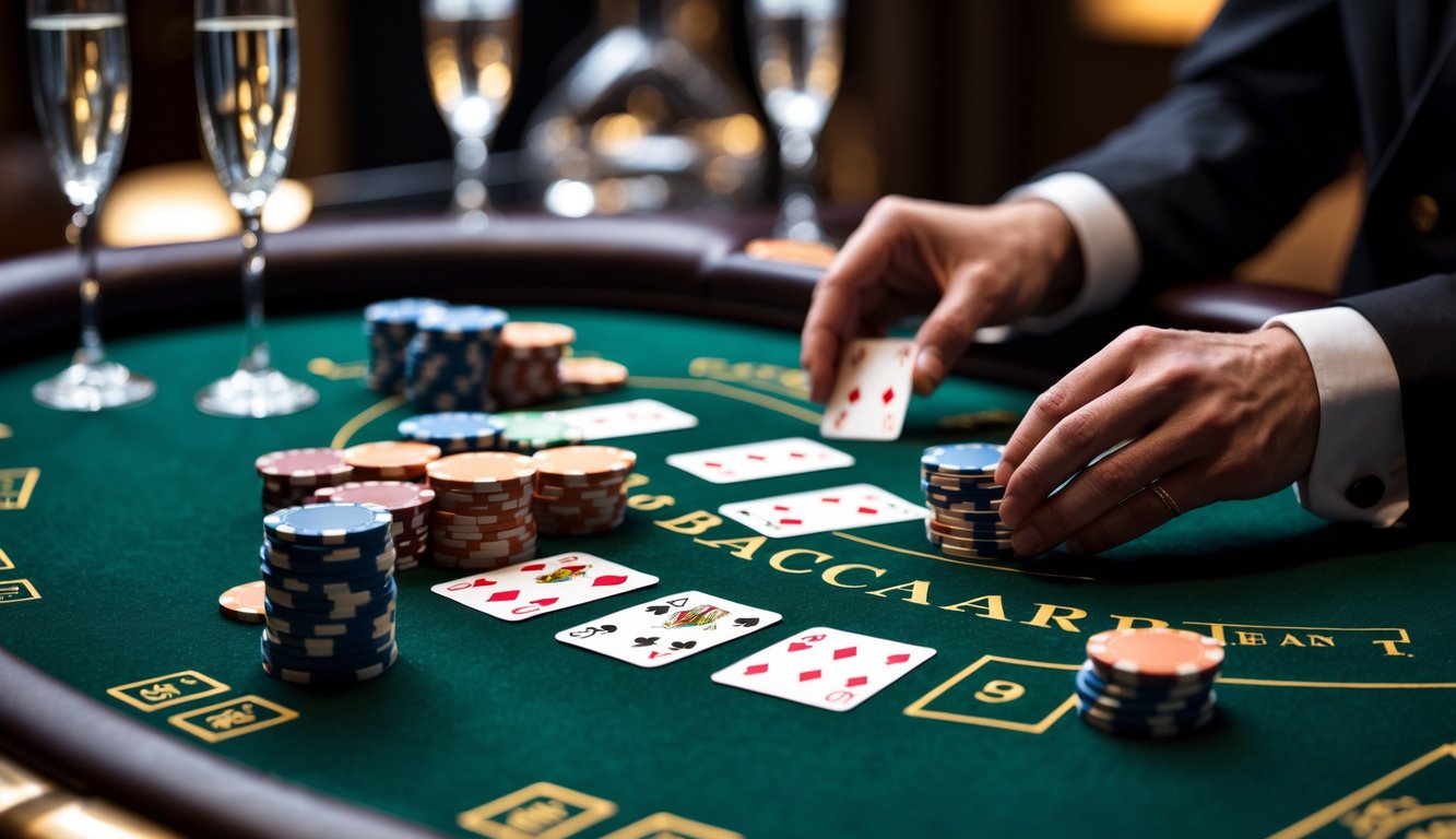 Meja permainan baccarat mewah di kasino dengan kartu dan tumpukan chip poker, serta gelas sampanye di latar belakang.