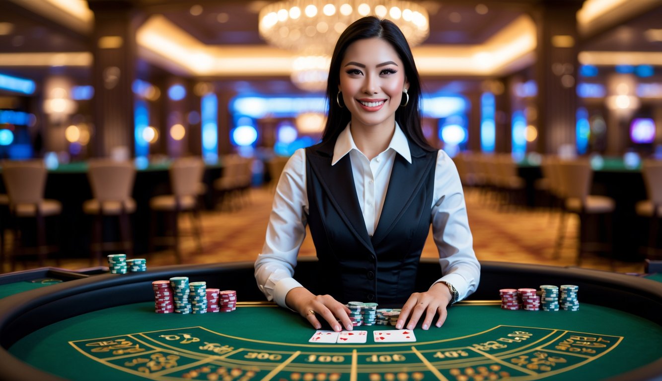 Seorang dealer baccarat wanita duduk di meja permainan dengan kartu dan chip di kasino yang mewah.