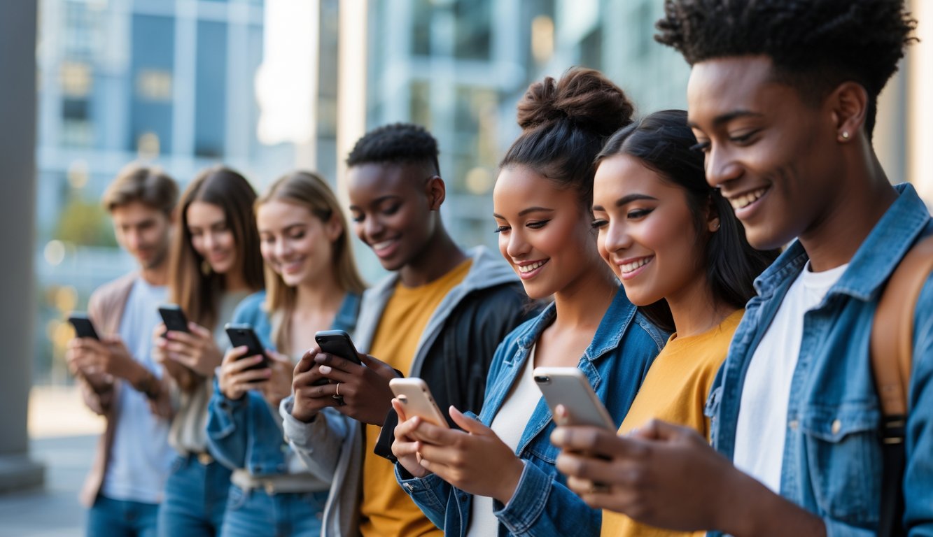 Sekelompok anak muda sedang menggunakan ponsel di lingkungan perkotaan modern.