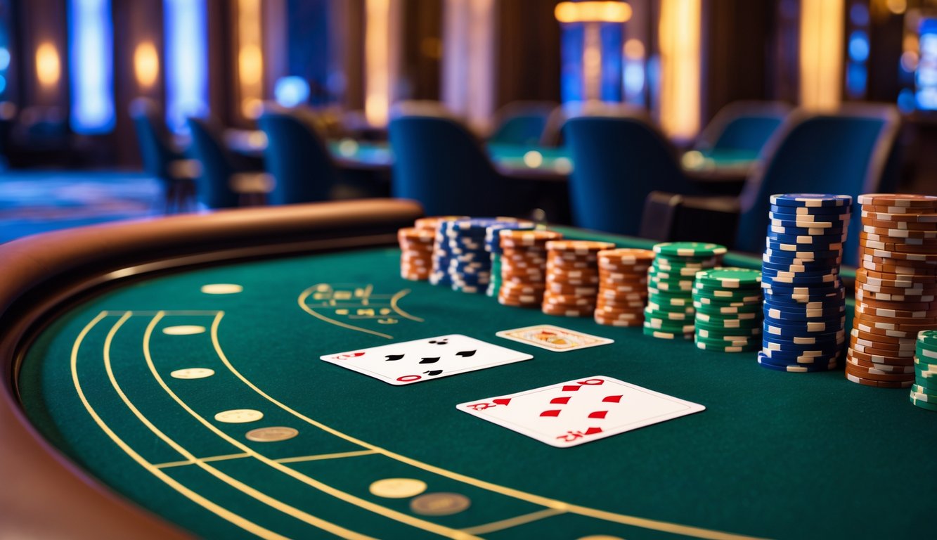 Meja permainan baccarat mewah dengan kartu dan tumpukan chip poker di kasino yang elegan.