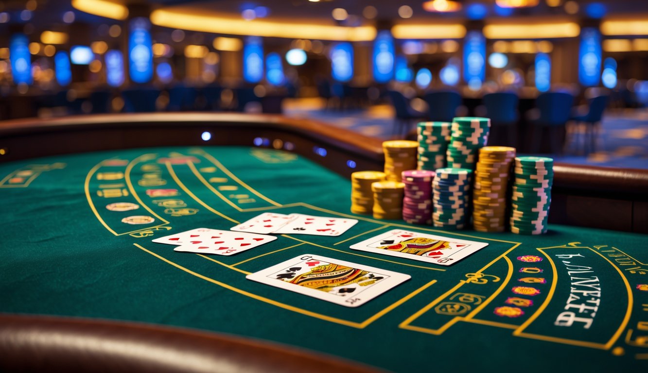 Meja baccarat dengan kartu dan chip poker di kasino yang mewah.