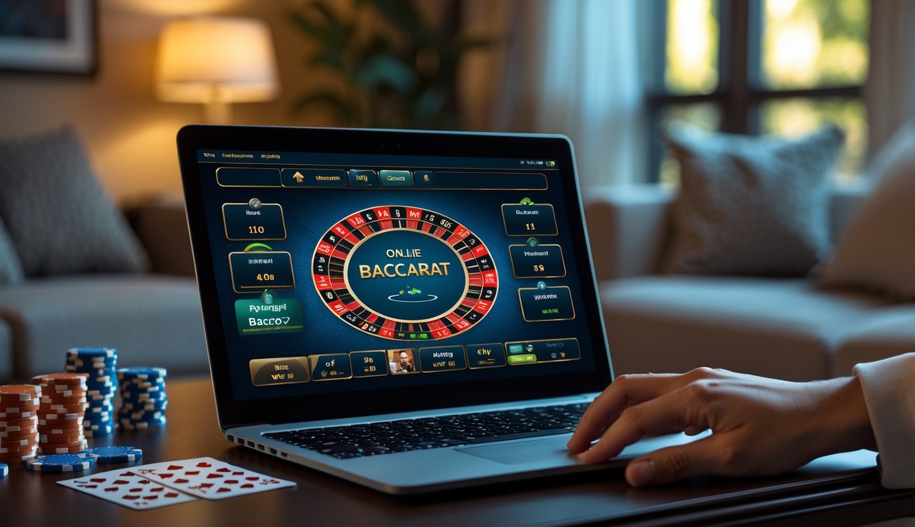 Seseorang bermain baccarat online di laptop dengan chip kasino dan kartu di meja