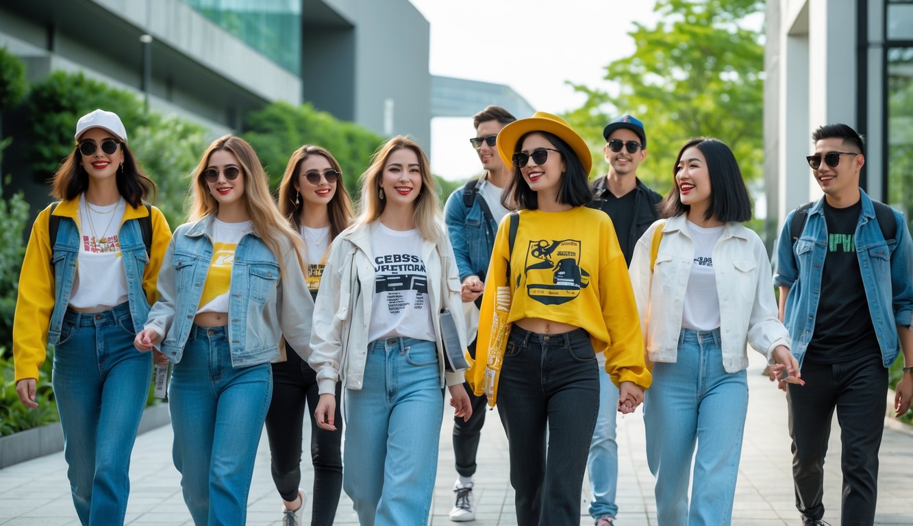 Sekelompok orang muda mengenakan pakaian kasual sedang berjalan dan tersenyum di luar ruangan dengan latar belakang kota dan pepohonan.