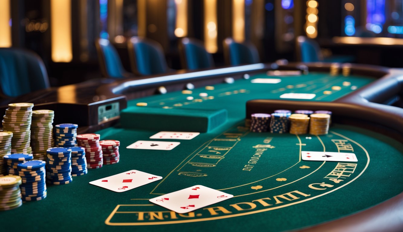 Meja permainan baccarat dengan kartu dan tumpukan chip kasino di dalam ruangan kasino yang mewah.