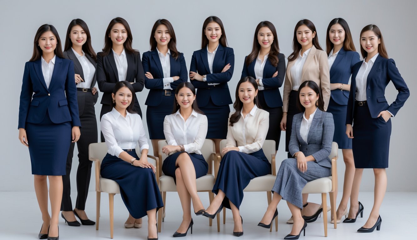 Sekelompok wanita mengenakan berbagai pakaian formal berdiri dan duduk bersama di studio dengan latar belakang netral.