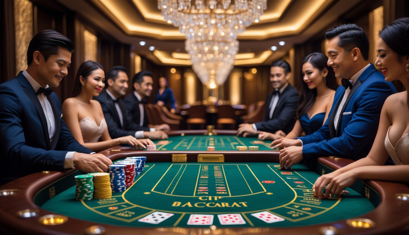 Sebuah ruangan kasino VIP dengan meja baccarat yang mewah dan pemain berpakaian formal sedang bermain kartu.