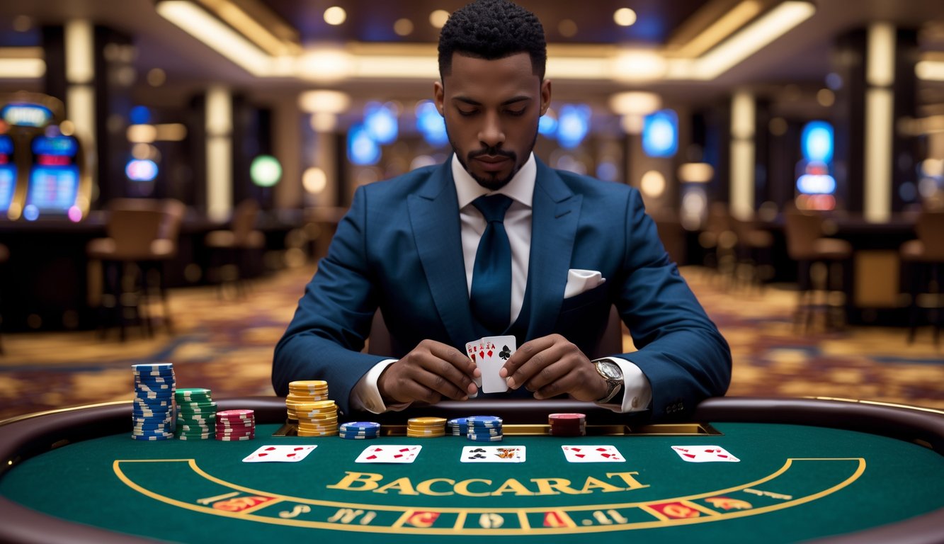 Seorang pemain berpakaian rapi sedang menganalisis kartu di meja baccarat dengan tumpukan chip kasino di sekitarnya.