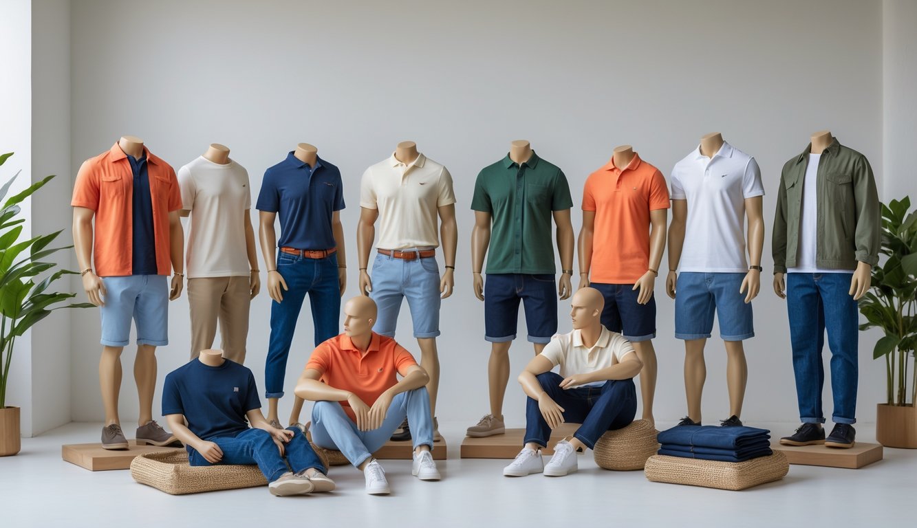 Beberapa pria mengenakan berbagai outfit santai berbeda dalam studio dengan latar belakang bersih.