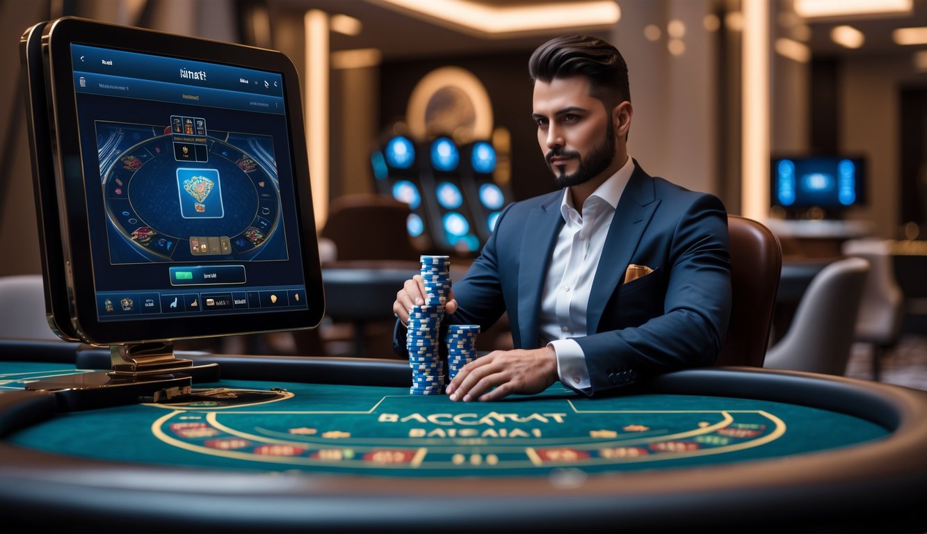 Seorang pemain profesional sedang bermain baccarat online di meja kasino mewah dengan suasana gelap dan pencahayaan lembut.