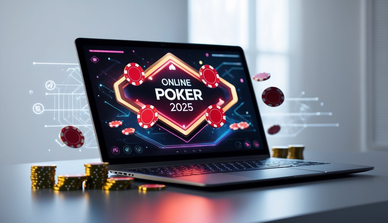 Seseorang bermain poker online dengan layar komputer menampilkan permainan kartu dan chip di lingkungan modern.