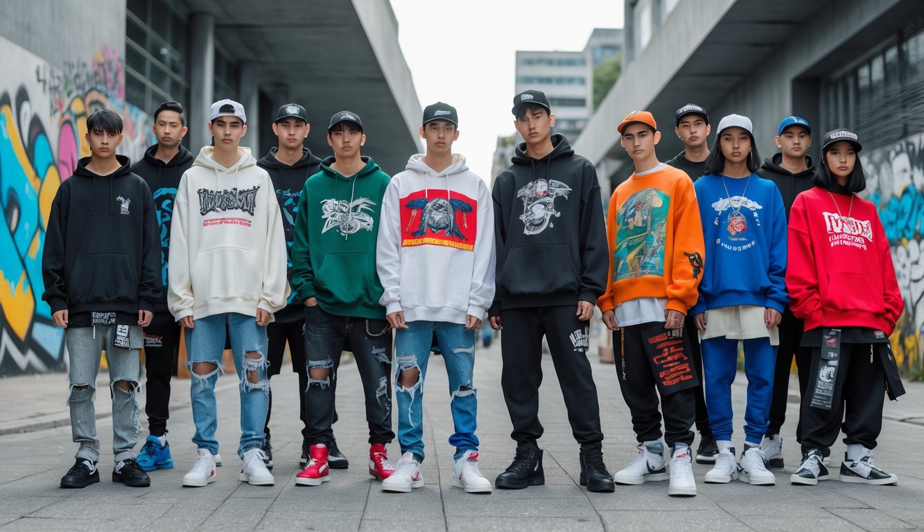 Sekelompok orang muda berpose di luar ruangan dengan latar belakang perkotaan, mengenakan berbagai pakaian kasual.